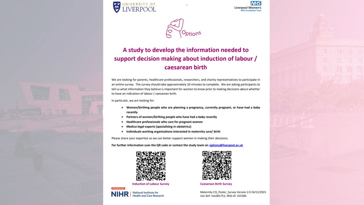 Is your partner pregnant, planning a pregnancy or recently had a baby? We need your help to complete a two stage online survey on information about induction of labour/ Caesarean. You can enter a £25 prize draw. redcap.liverpool.ac.uk/surveys/?s=JD3… redcap.liverpool.ac.uk/surveys/?s=MWF…