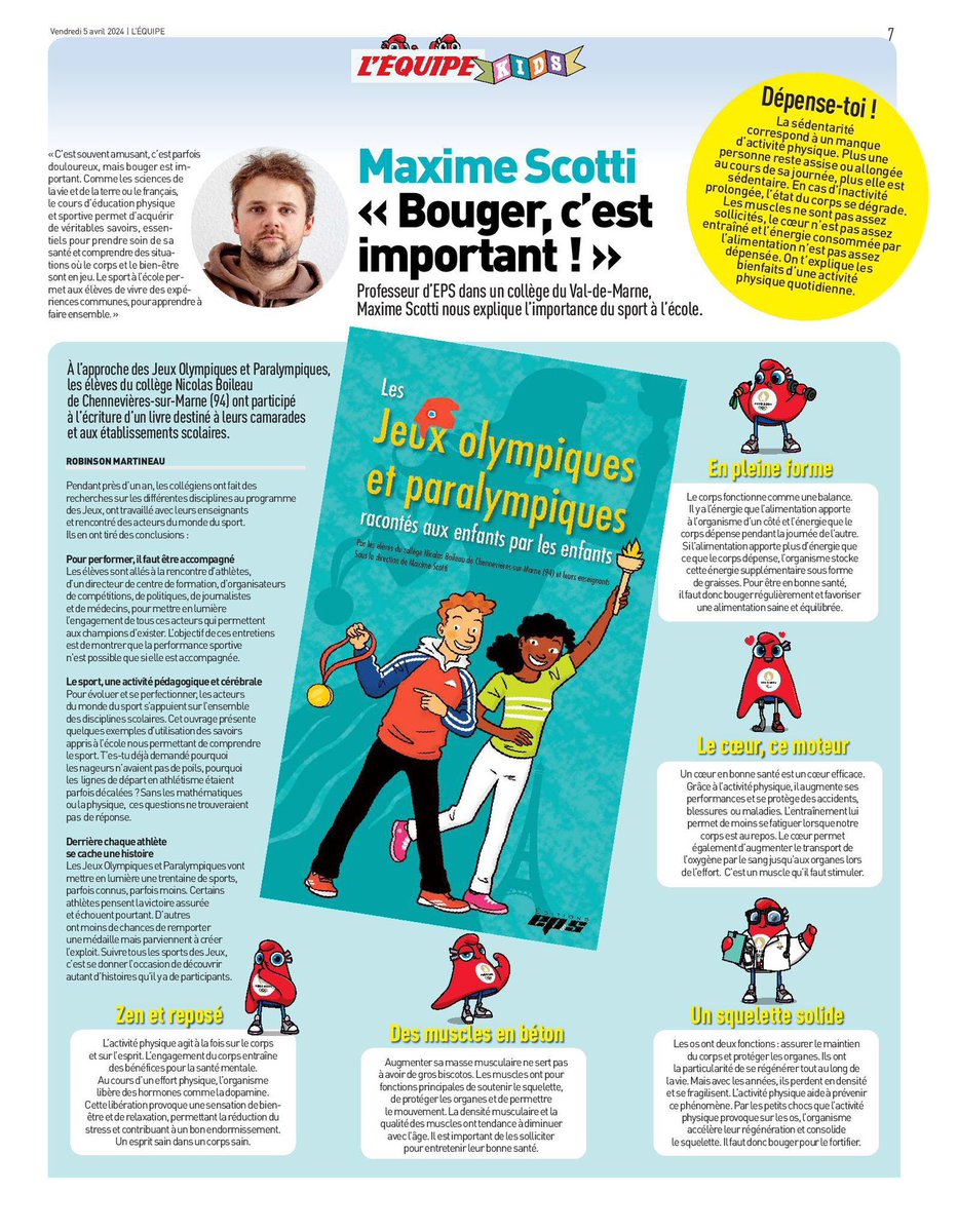 Ce jour @lequipe propose un supplément gratuit, « L'Équipe Kids », destiné aux 8-14 ans et consacré aux Jeux Olympiques et Paralympiques de Paris 2024. Retrouvez dans celui-ci, l’interview de @MScotti_ à propos de son ouvrage aux @EditionsEps