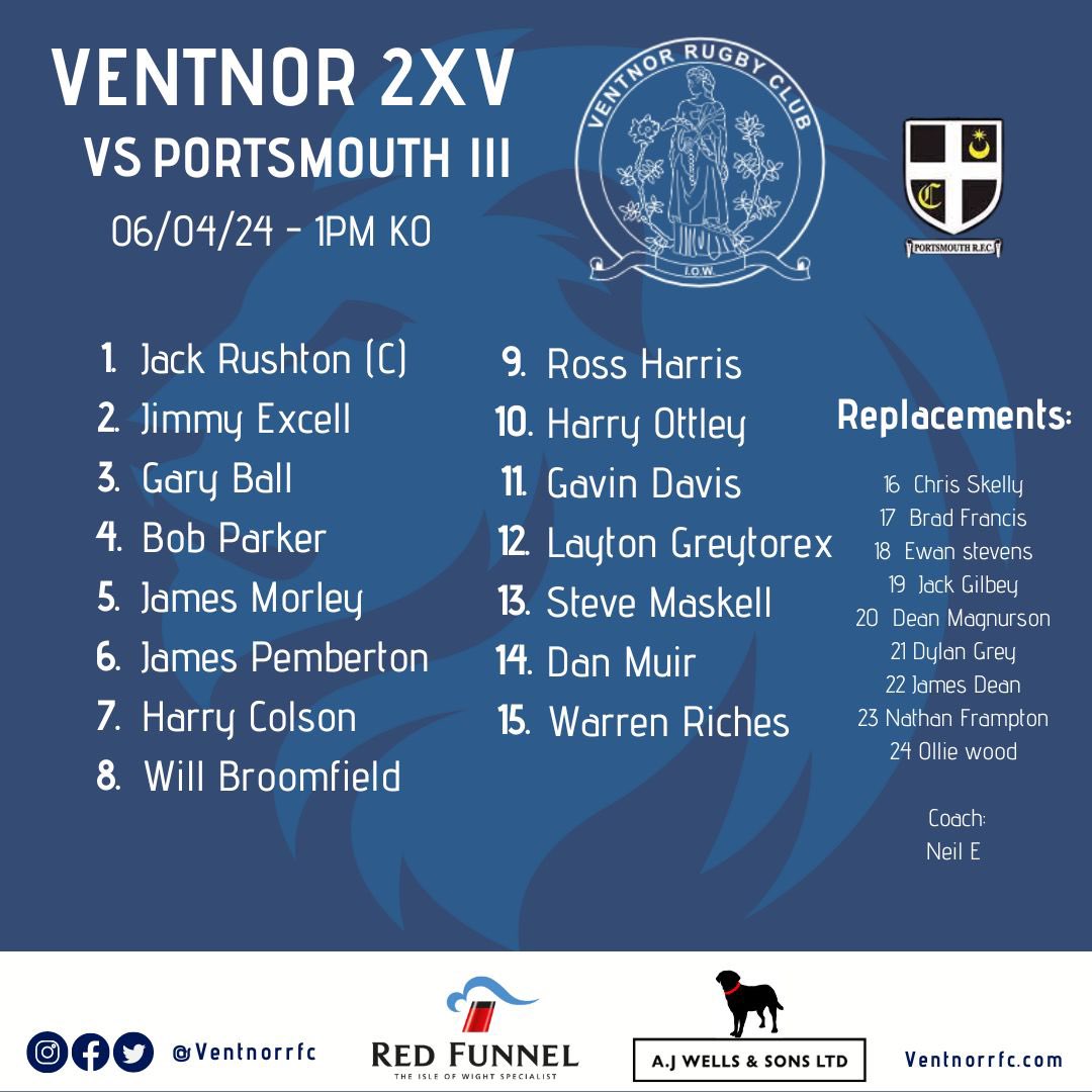VentnorRFC's tweet photo. Squad announcements for tomorrow double header v Portsmouth Rugby Football Club.

Hog Roast, BBQ, Beers and some cracking rugby what more do you want from an April Saturday. https://t.co/QTQWNpP2Pi