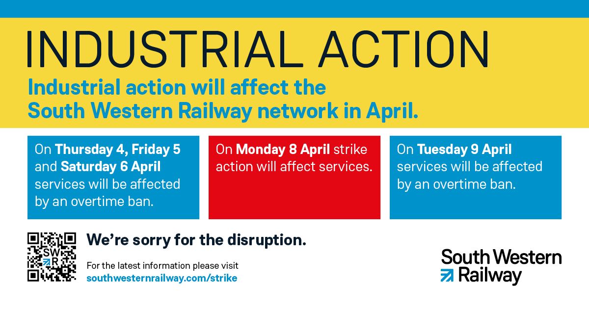 📷 Rail users, please be aware that industrial action will affect South Western Railway services on Monday 8th April. For full information, please visit: southwesternrailway.com/strike