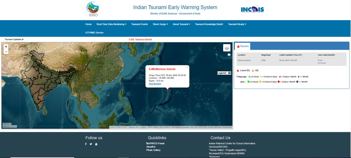 Tsunami Warning Centre, @ESSO_INCOIS detected an #earthquake of M6.8 on 05 April 2024 at 16:32 IST @Mariana Islands. NO TSUNAMI THREAT to India. Details at tsunami.incois.gov.in @moesgoi @ndmaindia @PIBEarthScience @PIB_India @tummalasrini