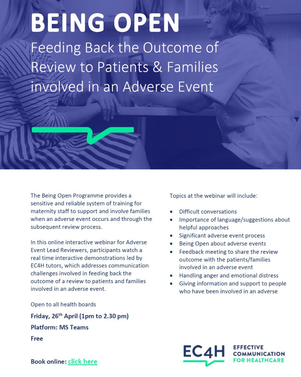 Only 3 weeks to go until our free national Being Open webinar for Adverse Events Lead Reviewers working within Maternity services. Have you booked your place yet? Open to staff from all health boards ⬇️⬇️ ec4h.org.uk/workshop/being…