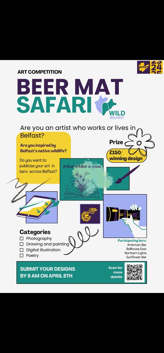 🚨DEADLINE APPROACHING! 🚨

This weekend is your last chance to take part in our Beer Mat Competition as part of #belfast2024!

We want Belfast based artists to submit art that celebrates #Belfast's local, native #wildlife.

You could win prizes of £150 and publicise your art on
