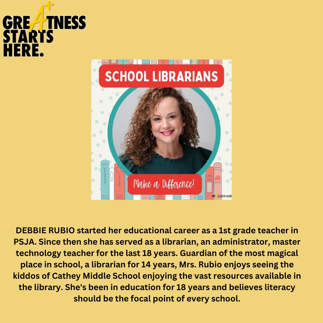 For National School Library Month, today I highlight @cobras047 Debbie Rubio @CatheyMSLib Debbie is an energetic force on her campus and strives to serve her students and teachers. Thank you Debbie for all you do! @McAllenISD #McAllenISDLib