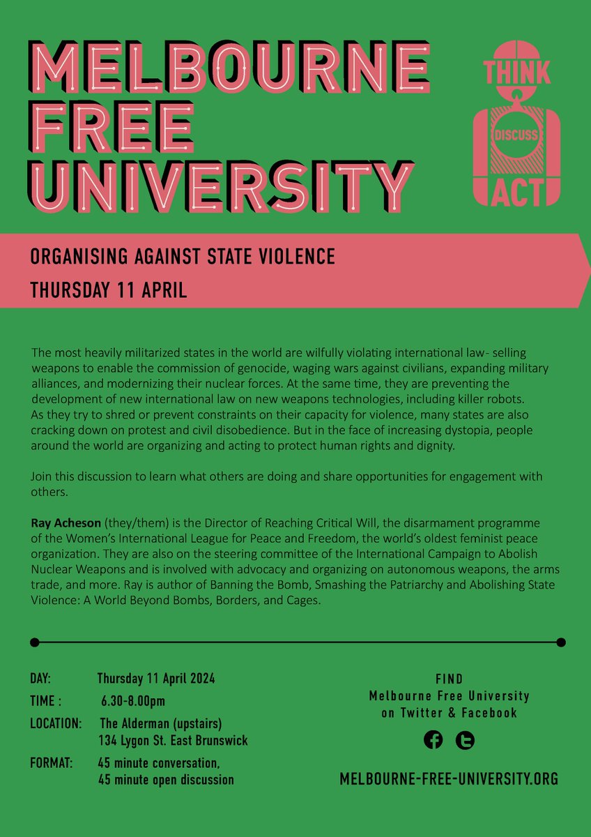 *NEW SESSION ALERT** Join us for our first #MFU session of the year! Come hear from @achesonray, director of @RCW_ about organising against state violence. Poster details in comments! See you on Thursday April 11th at 6:30pm at the Alderman in Brunswick East. 1/6