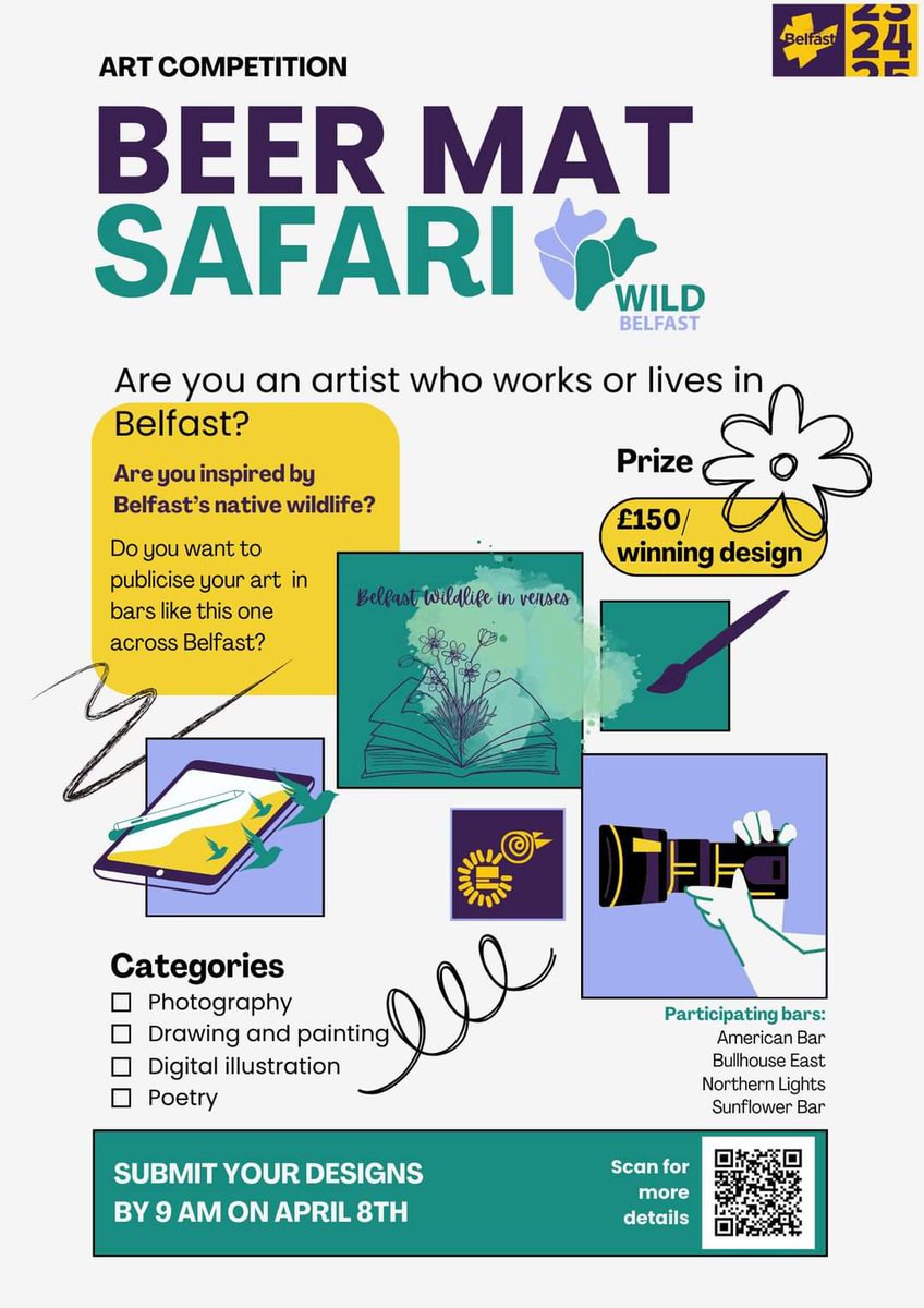 Just a reminder about Beer Mat Safari which closes in 3 days! 

They are looking for artwork for a series of 120,000 beer mats that will be issued to partner bars the Sunflower, Northern Lights, Bullhouse East and the American bar. 

wildbelfast.org/events-1/beer-…