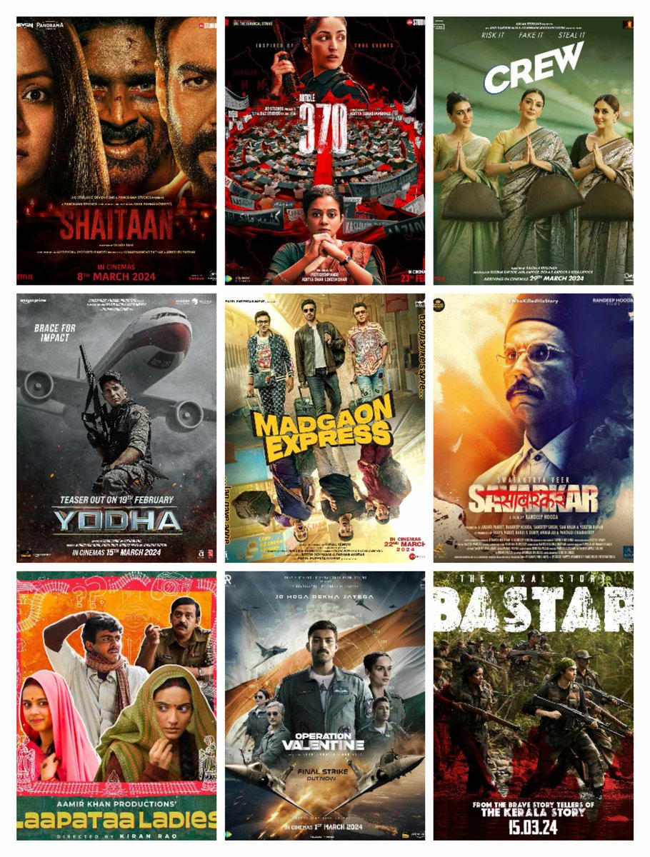 #BoxOfficeIndia Mar 2024 🎬 #Shaitaan - 145 cr, WW - 205 cr* (4 Wks) #Article370 - 81 cr, WW - 110 cr #Crew - 47 cr, WW - 87 cr (1 Wk) #Yodha - 34 cr #MadgaonExpress & #SwatantryaVeerSavarkar - 20 cr #LaapataLadies - 15 cr #OperationValentine - 8 cr #BastarTheNaxalStory - 3 cr