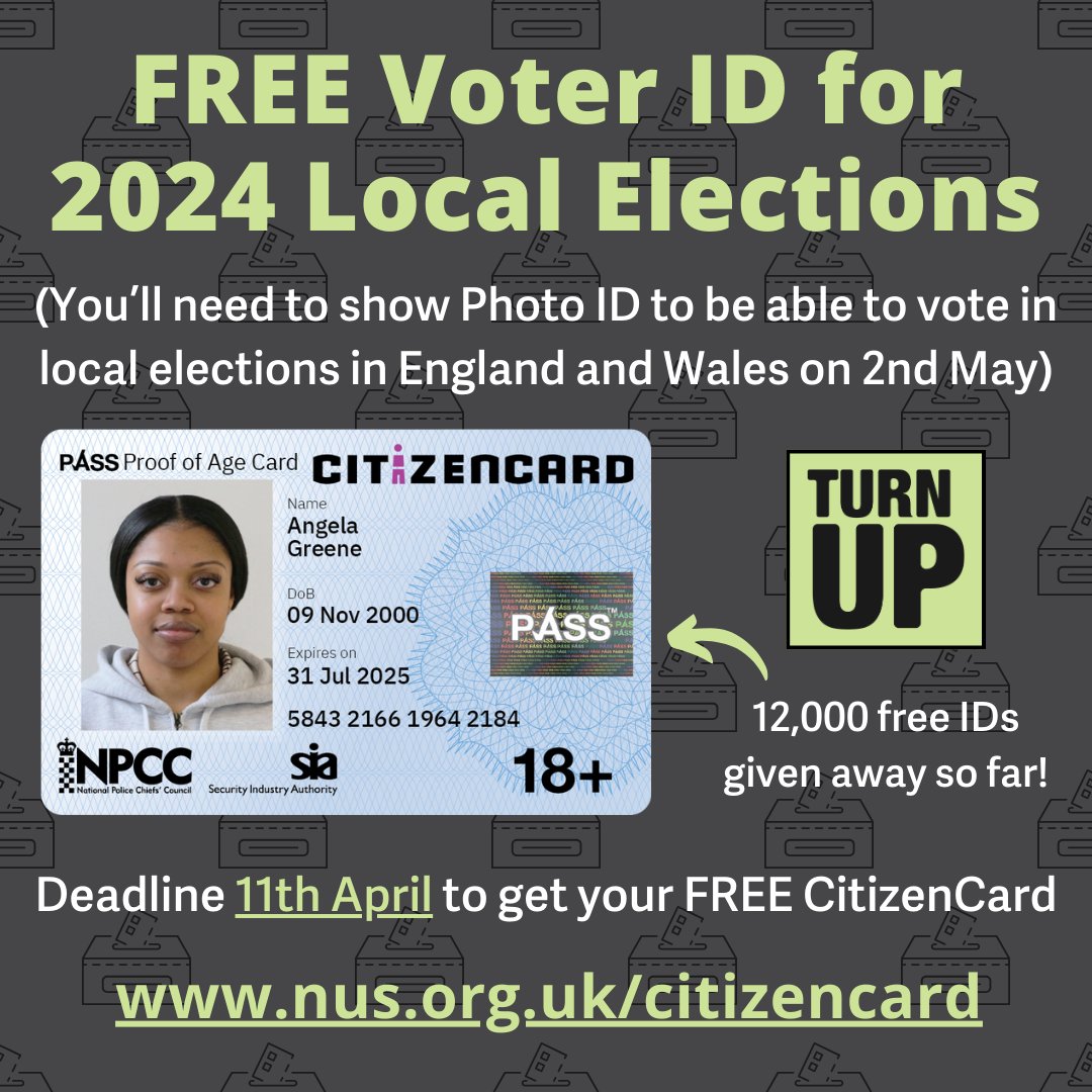 🚨 6 days left to get FREE Voter ID for Local Elections in England and Wales on 2nd May! You'll need to show ID to vote in these elections - that's why we've teamed up with @CitizenCard to give away more than 12,000 FREE IDs so far! Apply by 11th April: nus.org.uk/citizencard