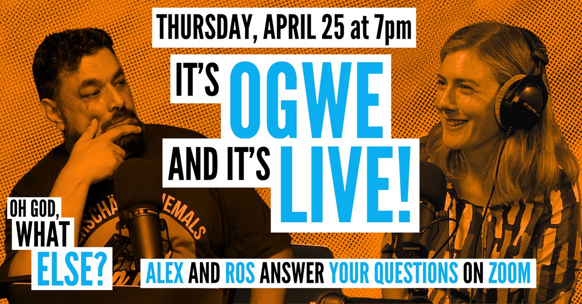 OhGodWhatNowPod's tweet photo. 🚨 Don’t miss our new-look Patreon-exclusive special edition #OhGodWhatElse – now a monthly live Zoom.
First one is Thur 25 April with @rosamundmtaylor  &amp; @sturdyAlex.
Sign up to join in ✍🏼 https://t.co/lkyqsLmvOa https://t.co/vUMhLlLWqp