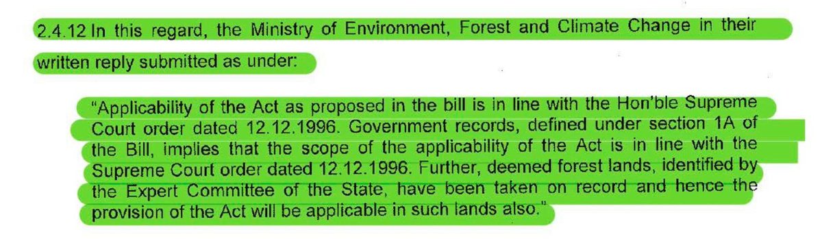 prernabindra's tweet photo. Through our fight to repeal the damaging #ForestConservationAmendmentAct we have stressed on the need to make public the State Expert Committee reports on identification of #forest as per the 202/96 Godavarman judgement. Context: The #FCAA undermines, practically nullifies the 202/96 order which expanded scope of the parent law, FCA,1980 to include #forests as per its dictionary meaning. On being called out, the @MoEFCC assured the JPC (see atached) , a parliamentary Committee—no less—that the Godavarman judgement was not being undermined as alleged, and that #forests would be protected as per the SEC reports (see attached relevant abstracts from JCP report. 2/11