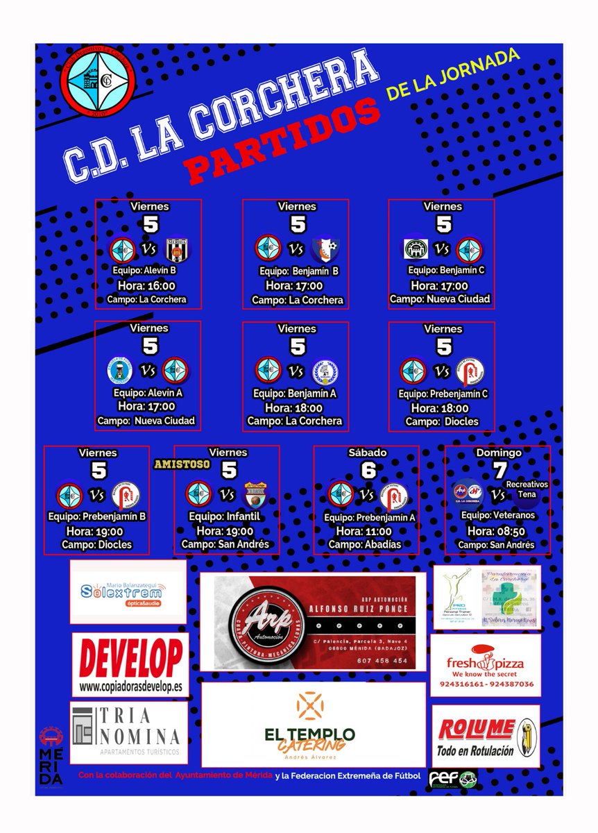 Otro fin de semana más disfrutando del #fútbol. <a href="/CD_DonAlvaro/">C.D.Don Álvaro</a> <a href="/AtleticoRomano/">CD Atlético Romano</a> <a href="/ImperioCp/">IMPERIO DE MERIDA CP</a> <a href="/Merida_FA/">Mérida Football Academy</a> <a href="/Academia_Merida/">Academia AD Mérida</a> <a href="/EFEmerita/">E.F.EméritaAugusta</a> <a href="/CDZarceno/">C.D.Zarceño</a> #LaCorchera #MásQueFútbol #FútbolBase #SeguimosCreciendo #SeguimosAprendiendo #Judex #DeporteResponsable <a href="/ayto_merida/">Ayuntamiento de Mérida</a> <a href="/FedExFutbol/">Fexfutbol</a> <a href="/FJyD/">Fundación Jóvenes y Deporte 🅵🅹🆈🅳 💚🤍🖤</a>