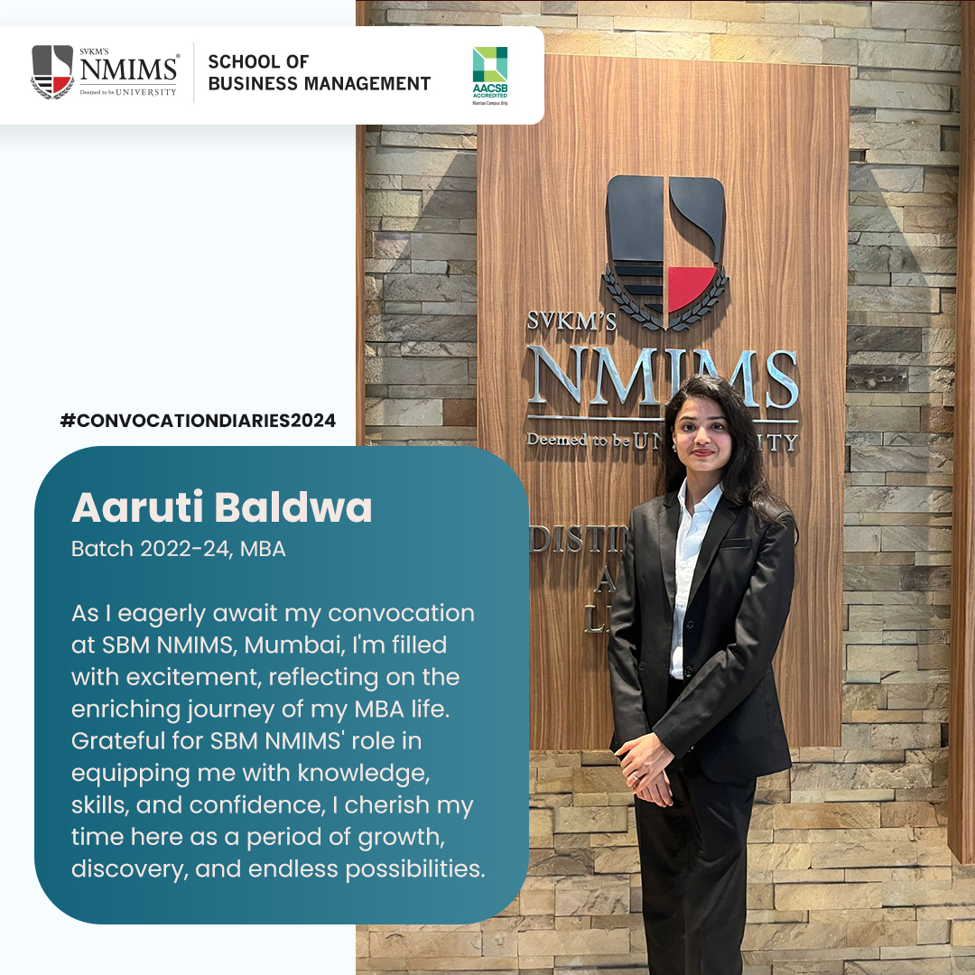 Aaruti eagerly awaits her #SBM Mumbai convocation, reflecting on her transformative #MBA journey. Beyond academics, #NMIMS provided industry interactions, internships, and a supportive ecosystem fostering growth. Grateful for faculty and classmates, she cherishes this period.