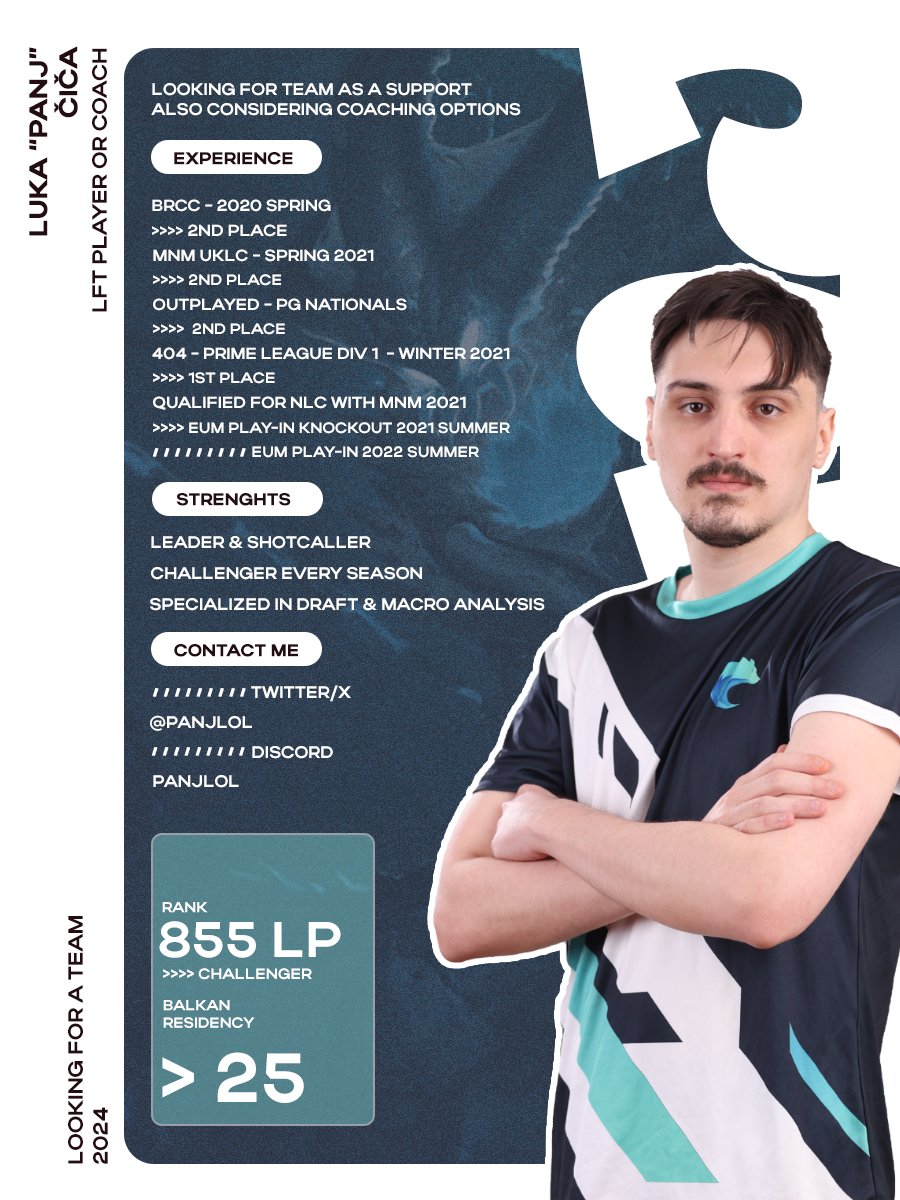 After my split with @EsportsLupus I am LFT for summer. Mainly looking as a player but also considering coaching positions! You can contact me through DMs or Discord: panjlol References: @spalelol @JungleLotuss @chopsteekuru RT's appreciated ♥️