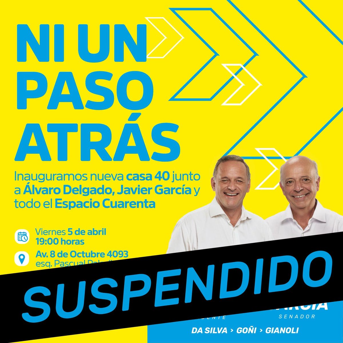 Debido al triste momento que vivimos por el fallecimiento de Adrián, con ⁦@AlvaroDelgadoUy⁩ decidimos suspender el acto de hoy y reprogramarlo, acompañando los justos honores que recibirá.