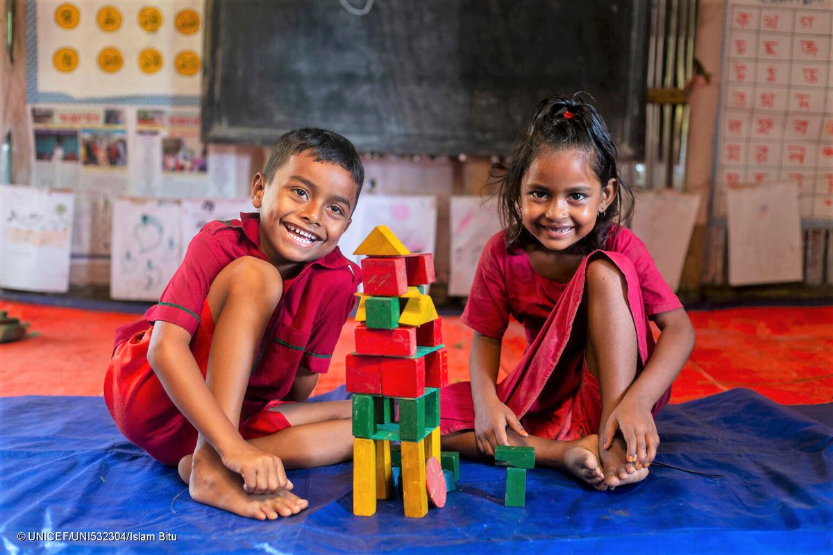 Are these young ones in Bangladesh exploring shapes or having fun with their vibrant blocks? Regardless, play presents opportunities for children to grow and gain vital skills. It's through play that they understand and interact with the world around them. #ForEveryChild, play