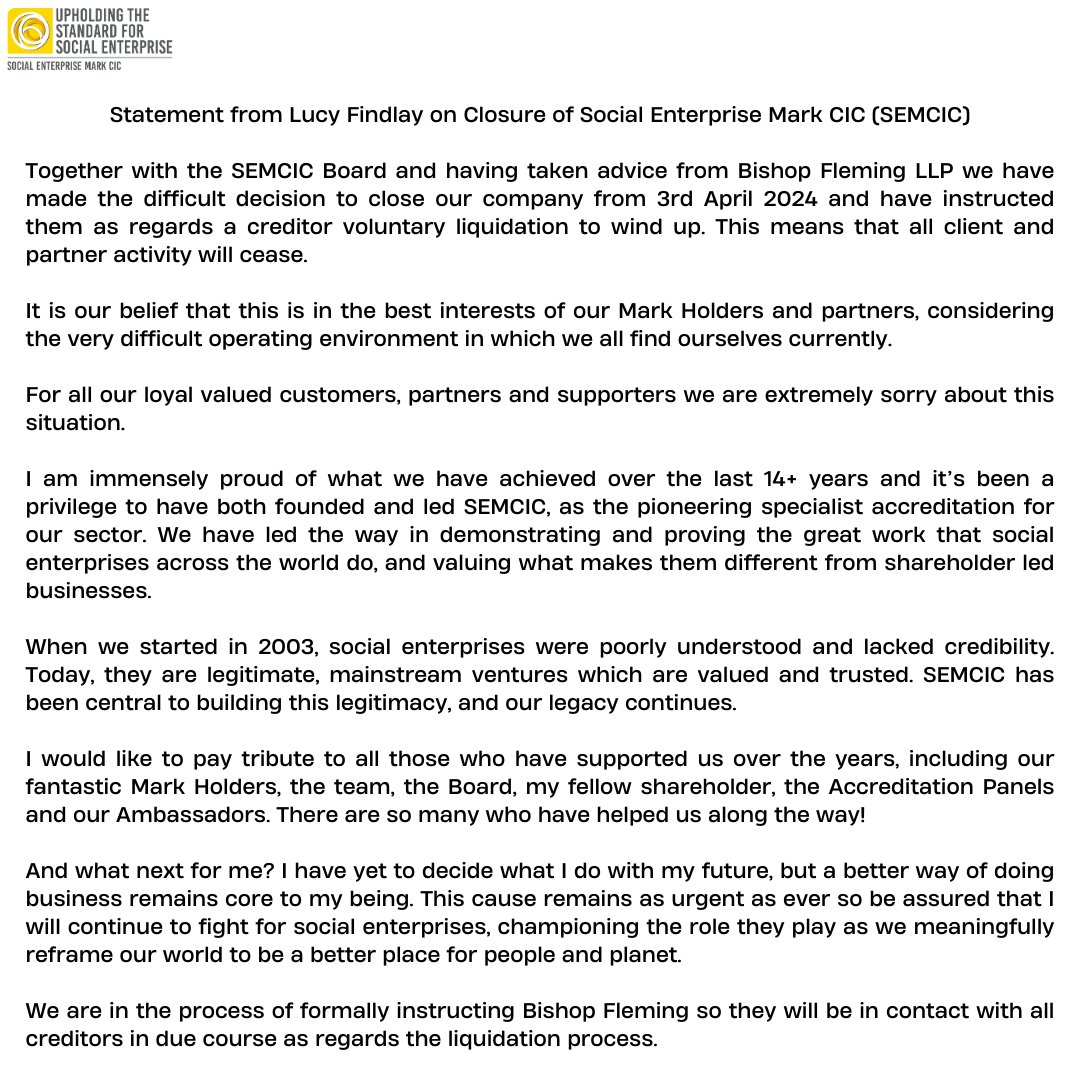 It is with a heavy heart that we announce the cessation of our trading operations, effective 3rd April 2024. Please see the final statement by Lucy Findlay, Managing Director of Social Enterprise Mark CIC (SEMCIC), for more information.