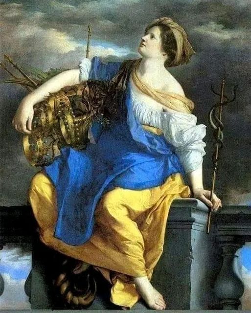 Пророцтво... Це - картина італійського митця Ораціо Джентілескі 'Щасливе суспільство, яке перемогло нещастя'. Її створено у 1624-1625 роках. Зараз картина перебуває у колекції Лувра. Молода дівчина, одягнена в синьо-жовтий плащ, в правій руці тримає корони переможених нею царів-