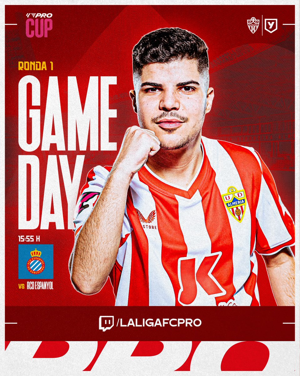 🙌 ¡Día de <a href="/LALIGA_FCPro/">LALIGA FC Pro</a> Cup! 🏆  

📍 San Sebastián.  

⚽️ Ronda 1️⃣ 

🆚 <a href="/RCDeSports/">RCD Espanyol eSports</a>. 
⌚️ 15:55 h. 
📺 twitch.tv/laligafcpro  

🎮 <a href="/dsaanchez_/">dsaanchez</a> | <a href="/AYMEsports/">AYM</a>   

#VamosAlmería 🔴⚪️