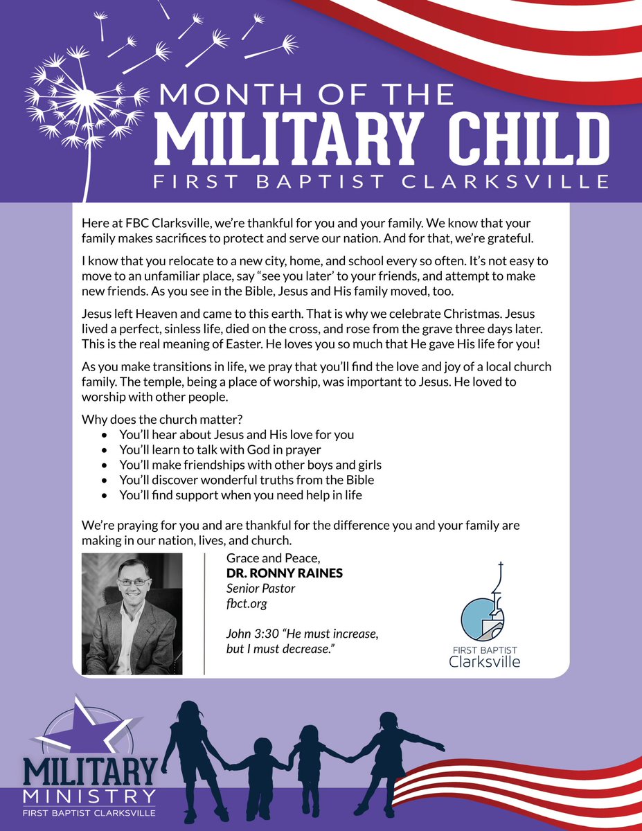 MilitaryFBCT's tweet photo. Military transitions are hard on the whole family. We get that at @FBCT_Voice. During the #MOMC, our Senior Pastor @drronnyraines wants to encourage military families in finding a good home church to grow for every season of life!

#MonthoftheMilitaryChild #FBCT #youbelonghere https://t.co/pdUW2R9e5Z