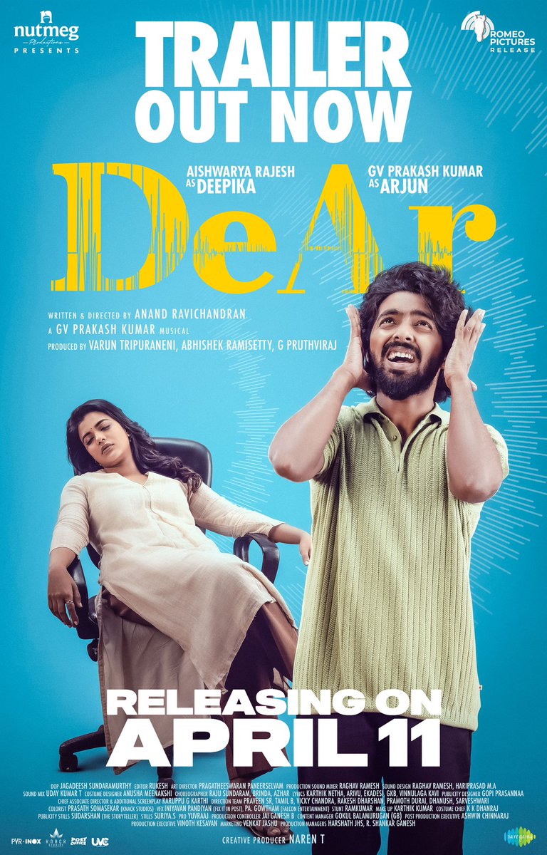 Excited to unveil the #DeAr trailer!🎉 Happy to have played a small part in it 😁. Check it out and let me know what you think ❤️ ▶️ youtu.be/nJOnyufuXwM #DeArTrailer #DeArFromApril11 @NutmegProd @tvaroon #AbhishekRamisetty #PruthvirajGK @mynameisraahul #RomeoPictures…