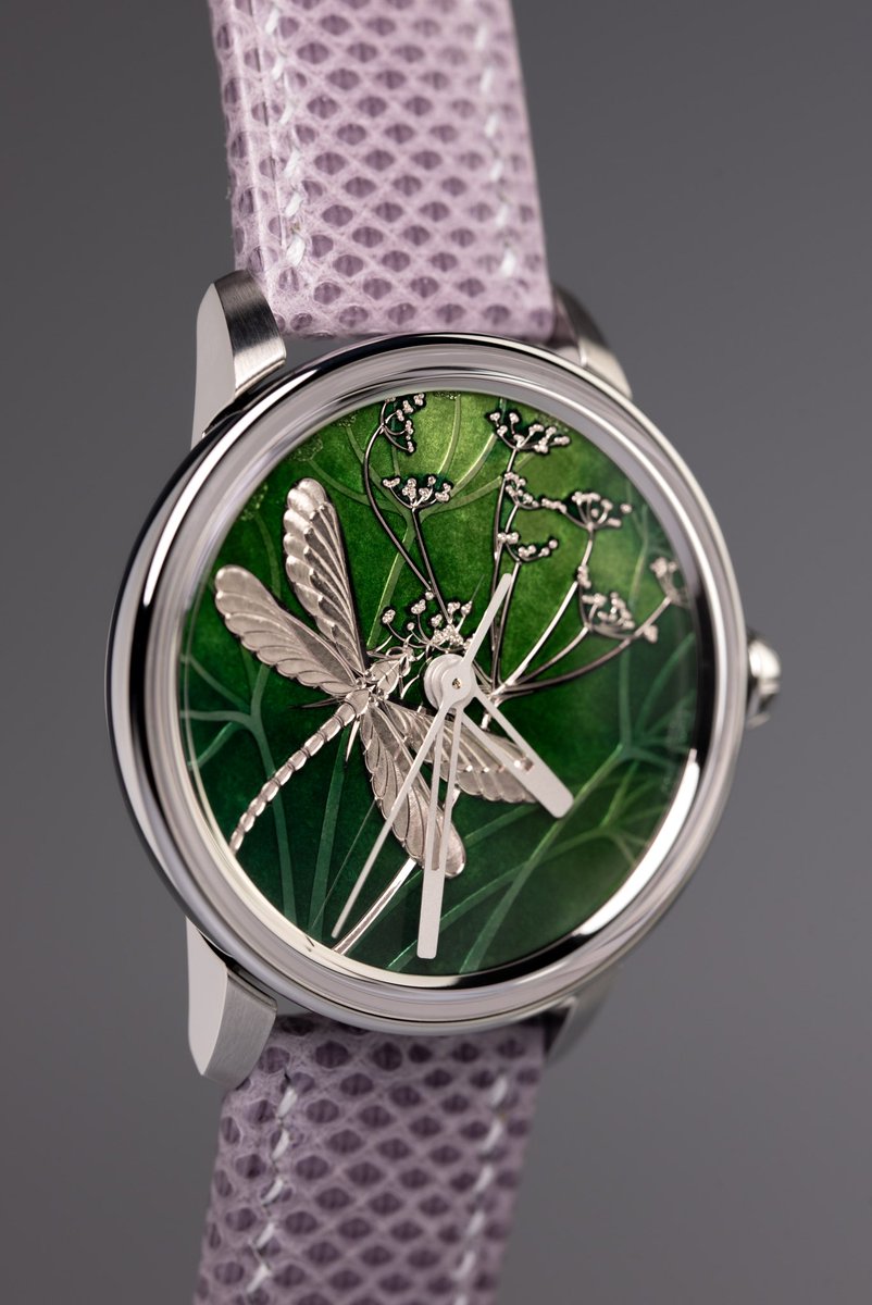 Unique piece. Damselfly dial in white gold champlevé enamel. Hand engraved.