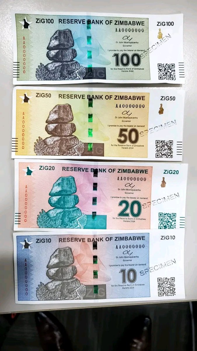 #MonetaryPolicyHighlights - #NewCurrency

↪️1 ZiG is equivalent to $0.06

↪️All banks to accept old notes for the next 21 days.

↪️ ZiG notes 1, 2, 5, 10, 20, 100, 200
Half ZiG and quarter.