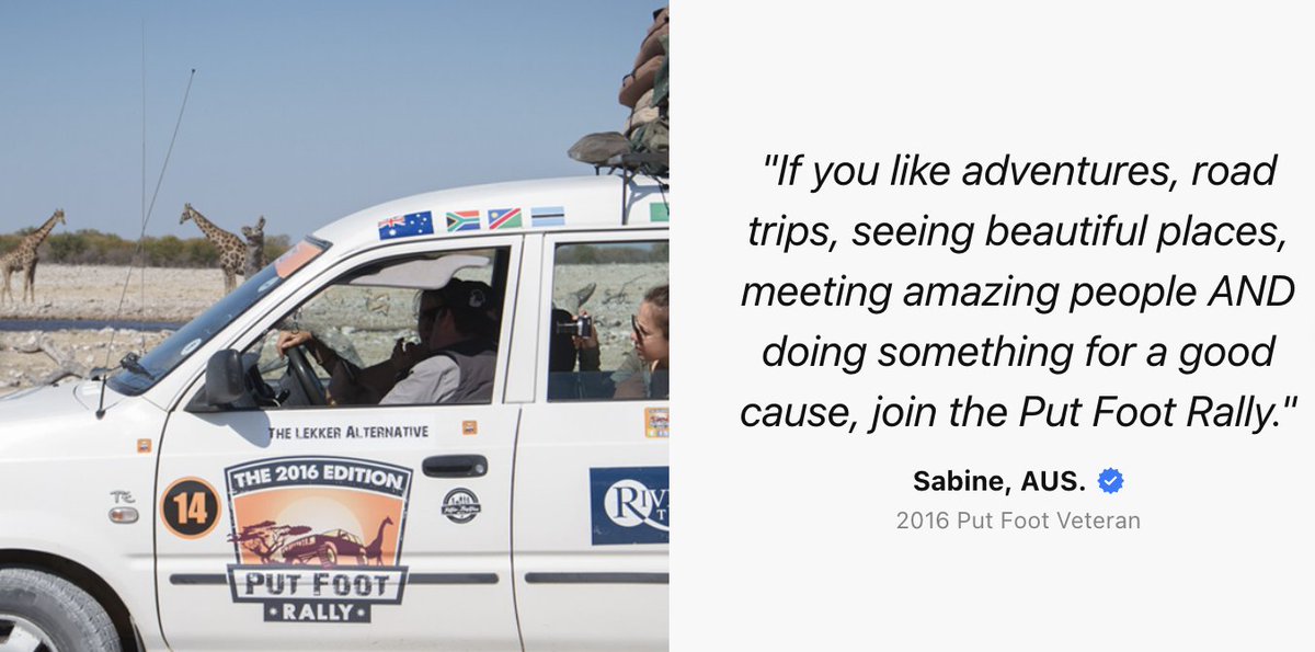 Ready for the greatest social rally on earth?

Join crews from around the world, explore countries in Southern Africa, meet up with Put Footers at epic Checkpoints, do good through Shoe Drops along the route and create friendships that last a lifetime.

putfootrally.com