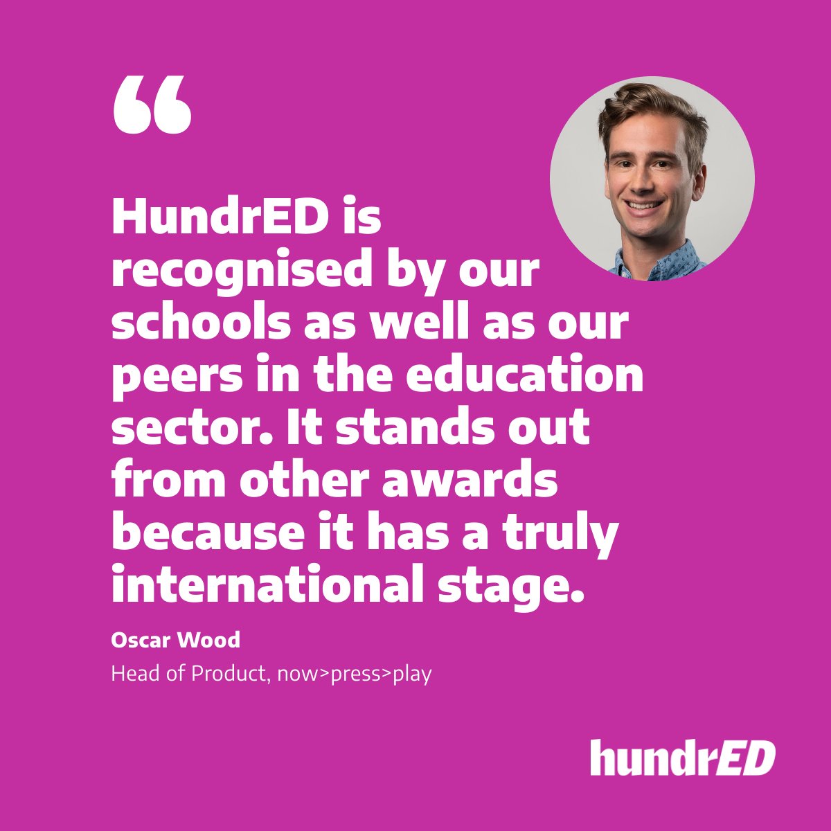 'HundrED is recognised by our schools as well as our peers in the education sector. It stands out from other awards because it has a truly international stage.' - Oscar Wood, Head of Product, @nowpressplay Apply for the Global Collection 2025: loom.ly/FQKkejA