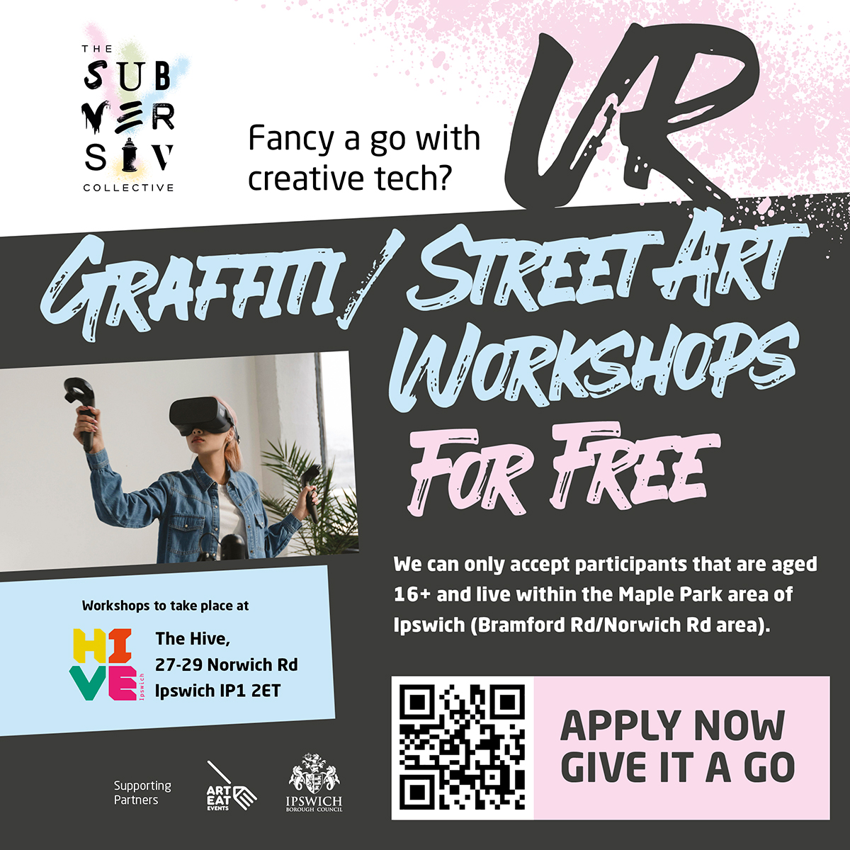 🚨[VR Graffiti experience] Are you 16+ and living around Maple Park/ Bramford Road/ Norwich Road? 👇 If you would like to register an interest in these workshops then please use the QR code or visit forms.gle/w84iuHxRDL4rxv… to fill out a short form!