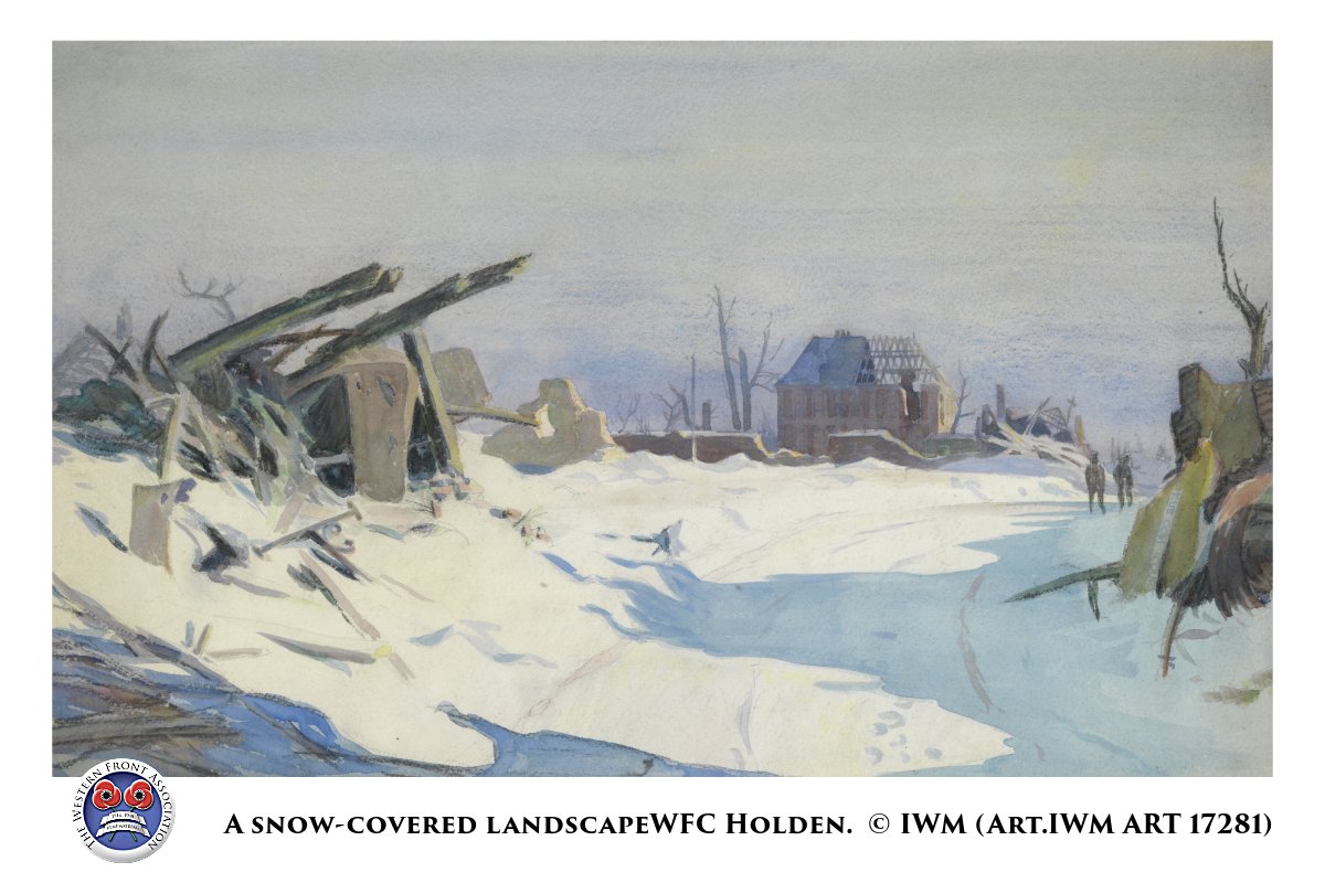 #WW1 Pic of the Day.. A charcoal and water colour picture of snow-covered landscape on the Western Front featuring ruins and two figures in the distance by camouflage artist/war artist/architect WFC Holden. © IWM (Art.IWM ART 17281) #ArtHistory #GreatWar #WW1History #WorldWar