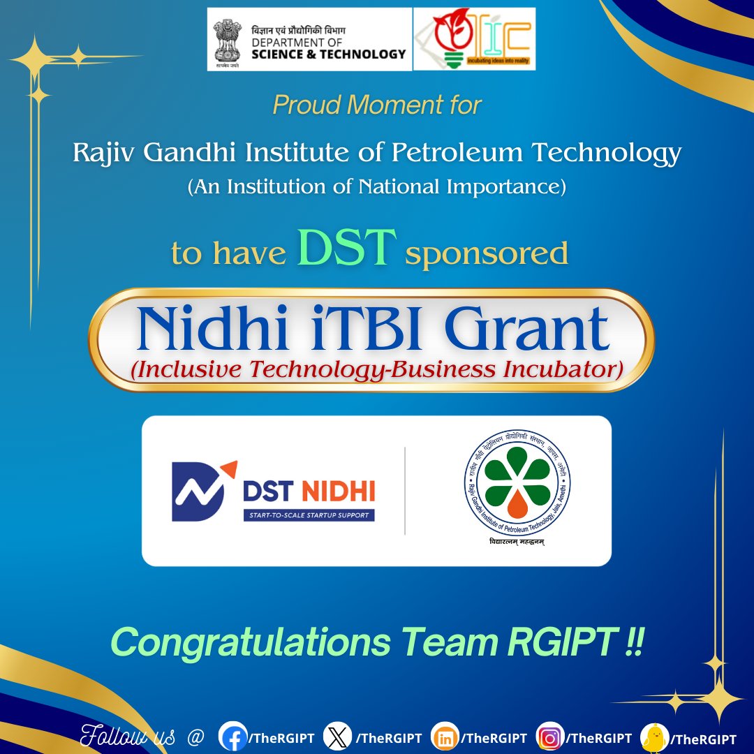 Proud Moment for RGIPT to have DST sponsored Nidhi ITBI grant | rgipt.ac.in |
#RGIPT | #DSTNIDHI | #nidhiitbi | #proudmoment
