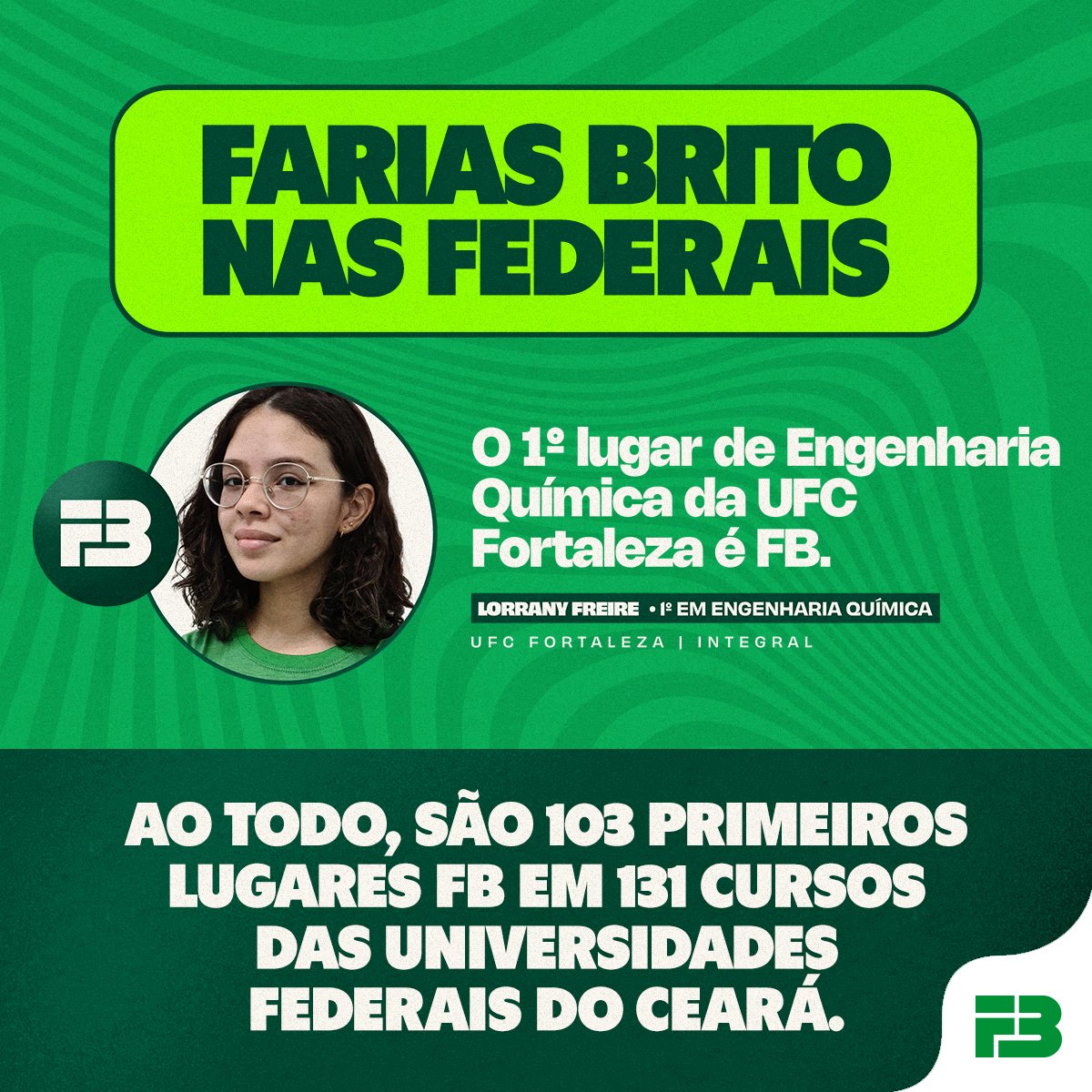 fariasbrito's tweet photo. O Farias Brito é o 1º lugar de Engenharia Química da UFC. Ao todo, são 103 primeiros lugares, de 131 cursos ofertados nas Universidades Federais do Ceará, conquistados pelo Farias Brito. https://t.co/1BBXzzEJKs