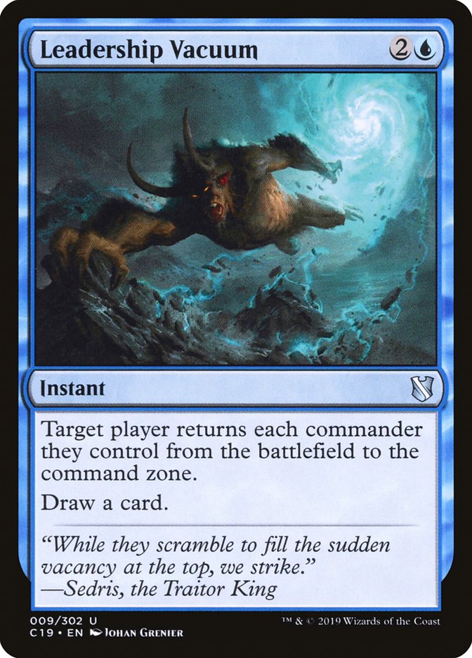 Hobgobery's tweet photo. @powrdragn Leadership Vaccum 

I think it's under rated many EDH decks rely on the commander and use a lot of ways to protect them, as Leadership Vaccum targets the player it gets around alot of that.

It's not too niche This is a 4 player game they'll always be a target for this. https://t.co/XErP5CaW45