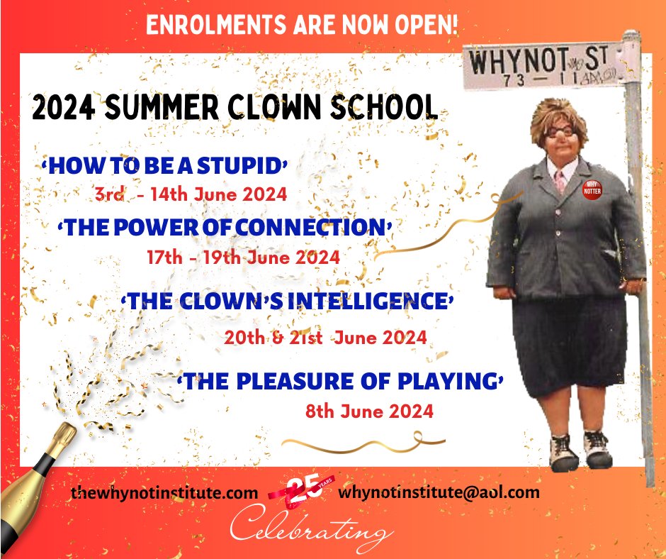 Coming up in June - 4 clown courses in London from the @WhyNotInstitute Enrolment now open - more info thewhynotinstitute.com/when-are-the-c…