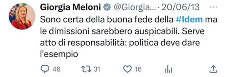 Chissà perché dopo #josefaidem @GiorgiaMeloni ha cambiato opinione. Era in questione di Ici non pagata, con #Santanche il reato ipotizzato è truffa ai danni dell’INPS. Due pesi , due misure. #GovernoDellaVergogna