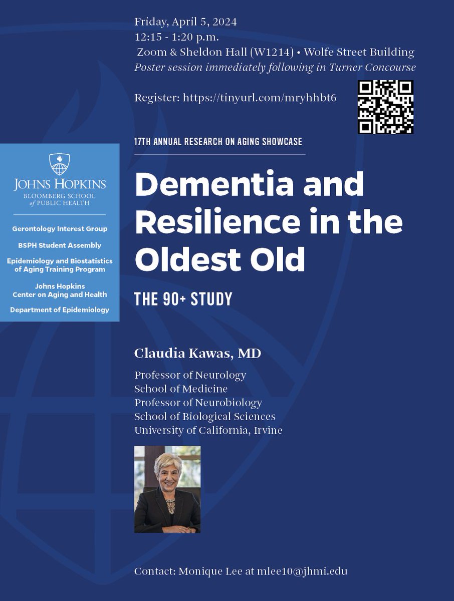 The 17th annual Research on Aging Showcase, co-sponsored by @JohnsHopkinsEPI, is happening today. @UCIrvine's Claudia Kawas will deliver the keynote address on dementia and resilience. Poster session following the seminar.