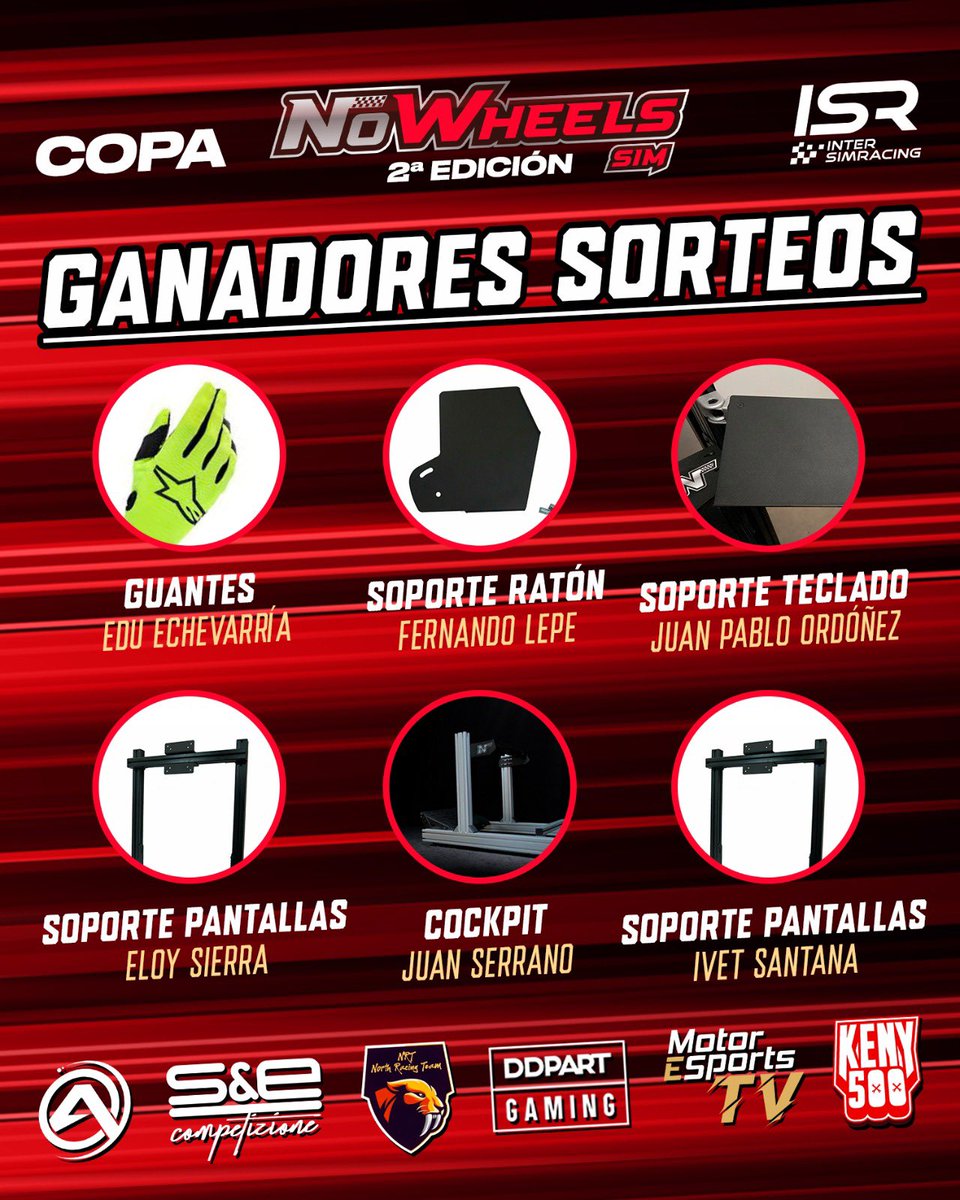 Copa NoWheels II

Estos fueron los ganadores de los sorteos por parte de <a href="/NoWheelsSim/">NoWheelsSim Cockpits</a> !!

Enhorabuena a todos los premiados, a disfrutarlo!! 

#ISR | #NoWheels | #simracing