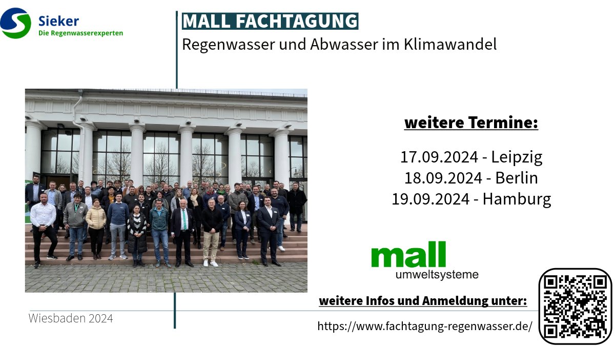 Vielen Dank für die konstruktive Mall Fachtagung in Wiesbaden zum Thema "Regenwasser und Abwasser im Klimawandel". Weitere Termine sowie die Anmeldung finden Sie auch unter: fachtagung-regenwasser.de