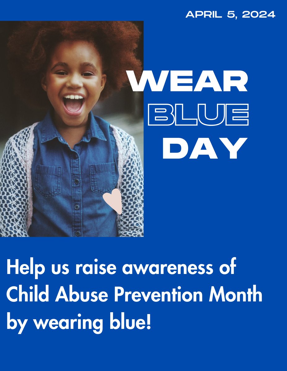 Wear your favorite blue attire today & let's make a bold statement against child abuse. Don't forget to share a photo of yourself wearing blue, tag us, and use the hashtag #WearBlueDay to spread awareness and inspire others to join the movement. #ChildAbusePreventionMonth