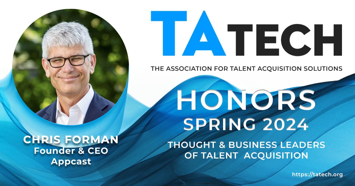 👏 We are so proud of Chris Forman, Appcast Founder and CEO, who was named a @TAtechSolutions 2024 Honoree! This honor recognizes business leaders who have had a long-lasting impact on the advancement of talent acquisition and talent technology. Read more: hubs.li/Q02rQXHV0