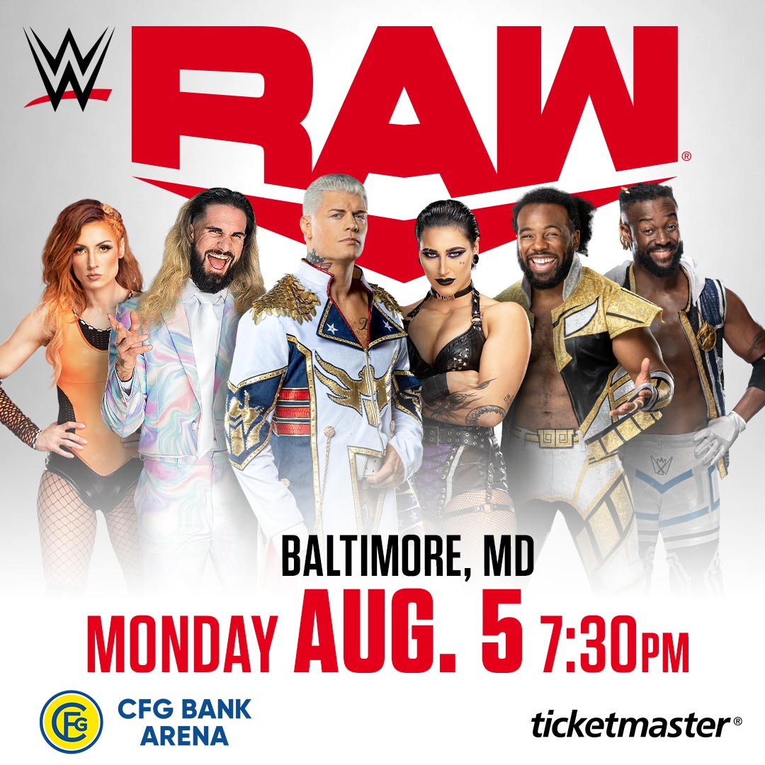 💥BALTIMORE💥 WWE comes back to CFG Bank Arena for Monday Night Raw on August 5‼️ Presale starts Wed. 4/10 at 10am using code: CFGWWE General on sale starts Fri. 4/12 at 10am