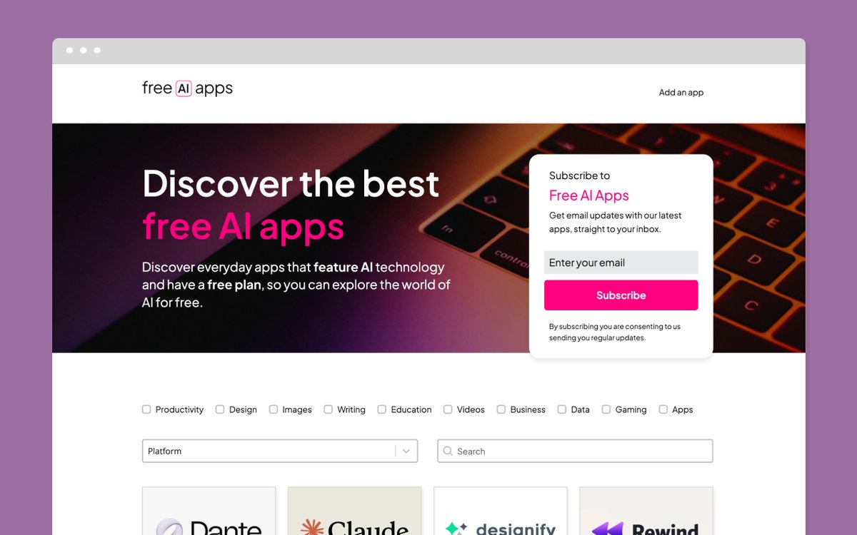 Quietly launched @freeaiapps recently – another SEO directory experiment 📈 → A collection of apps that feature AI technology and have a free plan (Inspired by a tweet by @kattrisen a few weeks ago) Got any faves to add?