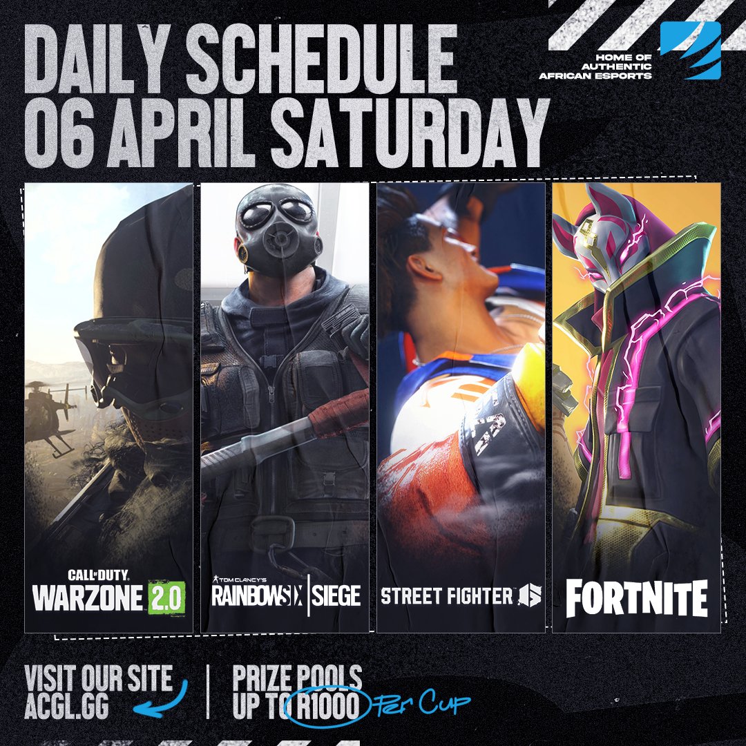 AfricanGaming's tweet photo. π
Saturday's online cups:
β #Fortnite
π₯#StreetFighter6
πͺ #Warzone2
β #R6Siege
π° Up to R1,000 cash per cup.
π Register for free: https://t.co/QNoe4zW4E9
#FortniteZA #BrawlZA #WarzoneZA #FGCZA #AfricanEsports #esportsZA #esports https://t.co/MOUqObSSV9