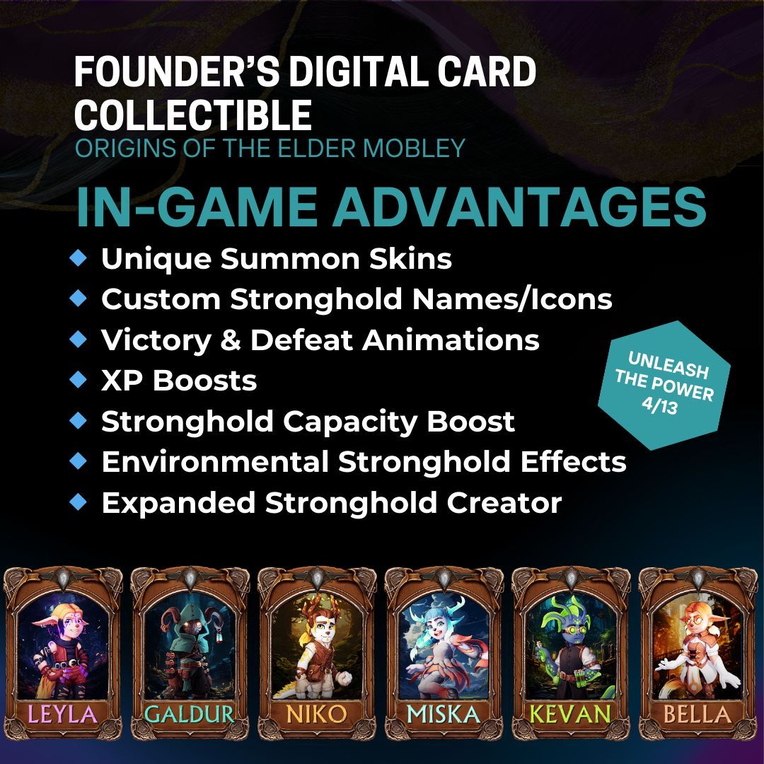 💥Unleash the Power!  Origins of the Elder Mobley, Founder's Digital Card Collectible holders enjoy a host of in-game advantages. Unique skins & animations, XP Boosts and more! Whitelist Sale launches 4/13.   #EldersGrace #Web3  #ARPG