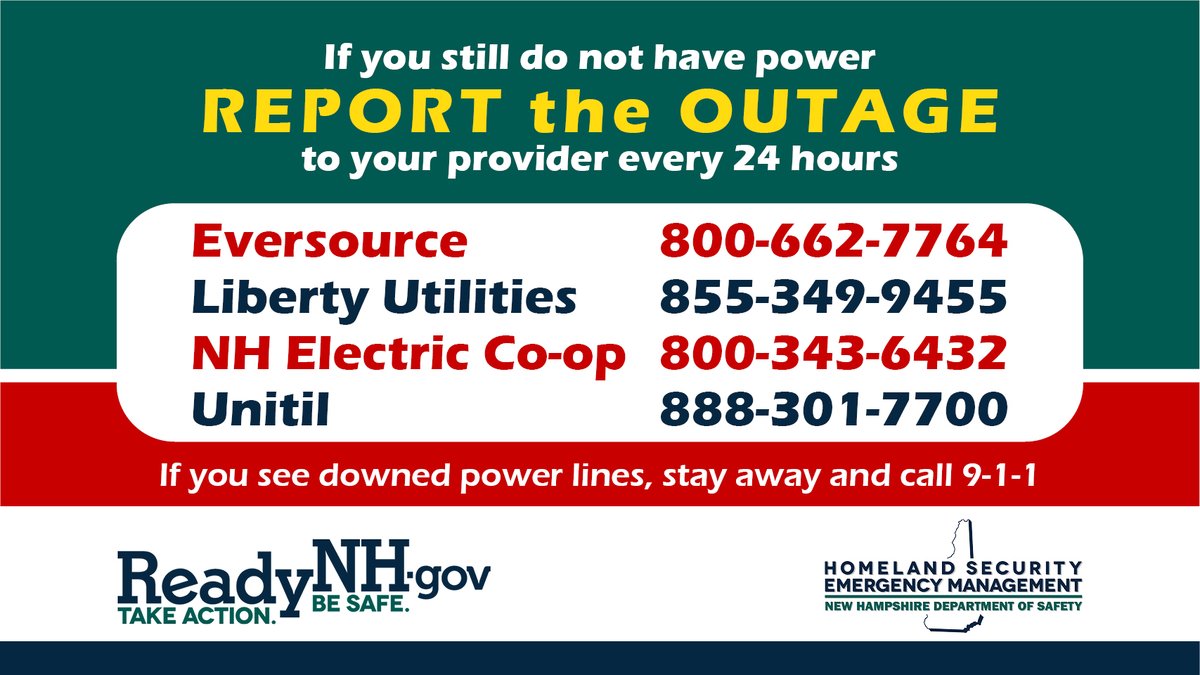 It is important to report power outages to your utility company every 24 hours until the issue is resolved. This helps them track the extent of the outage and prioritize restoration efforts. #WinterWeater #ReadyNH #NHwx #BePrepared #BeSafe