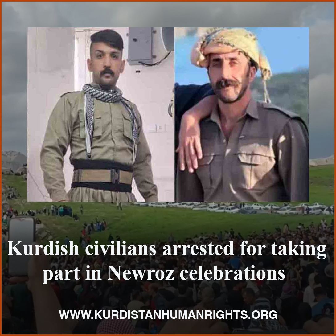 Security forces arrested Kurdish civilians #Kamran_Badbrout and #Faraj_Arsan on 3 April and took them to an undisclosed location for their participation in the #Newroz (also known as Nowruz in Persian) celebrations in Malekshahi, Ilam Province. 🔗kurdistanhumanrights.org/en/news/2024/0…