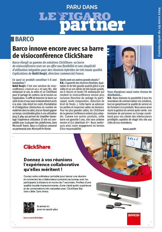 👋 France meets the ClickShare Bar in this great article in Le Figaro. Thanks Nabil Boujri for the interview! #lovemeeting #clickshare #badsoundlooksugly #BarcoTech ow.ly/xmv350R4Tvp