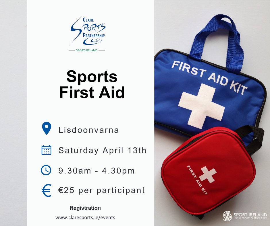 🔊 Sports First Aid Course ⛑ Suitable for anyone involved in a sports team - coach, parent or player 💪 Limited spaces available so book your slot now ✅👇 claresports.ie/event/sports-f… #ActiveClare