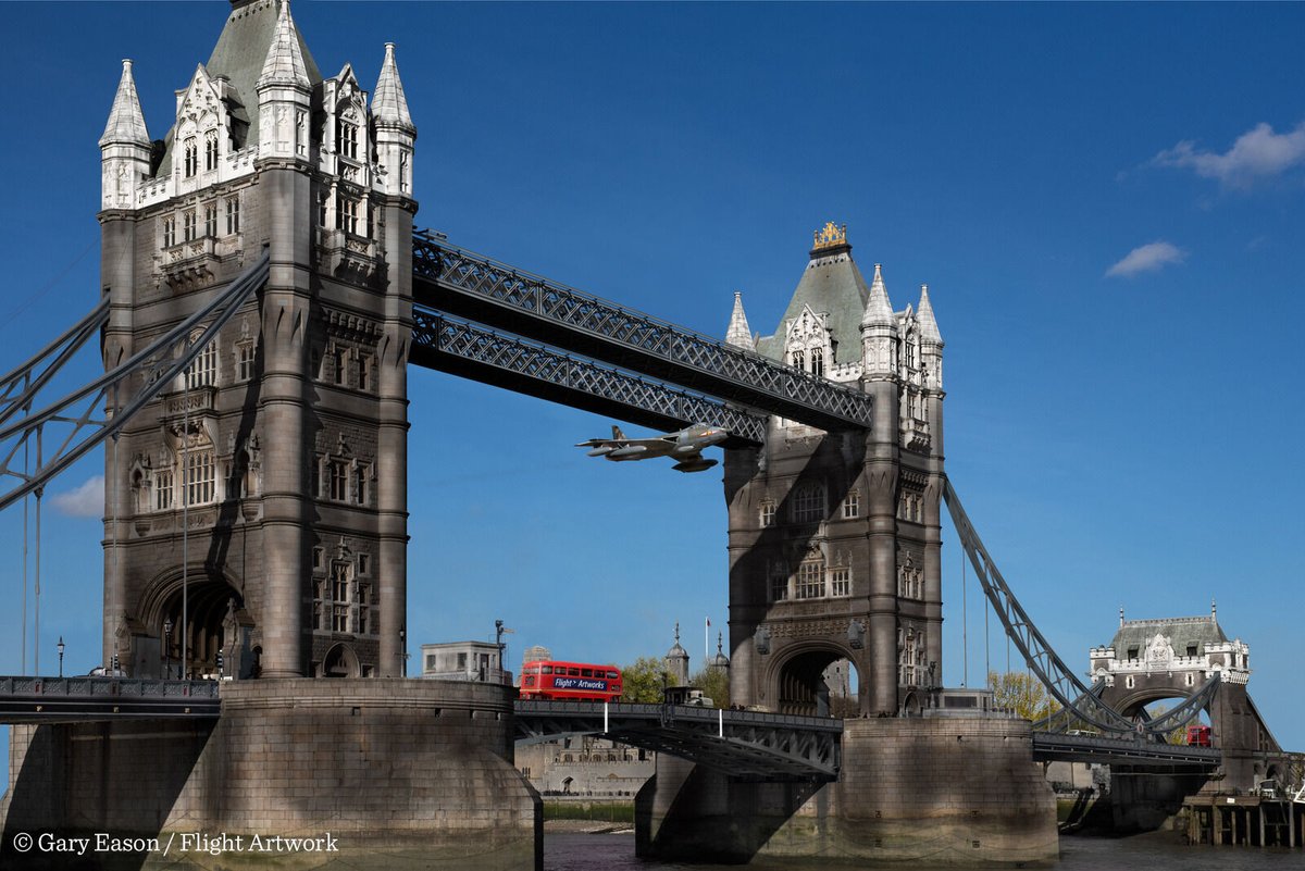 On this day in 1968, RAF Flight Lieutenant Alan Pollock flew his Hawker Hunter Jet through Tower Bridge in an act of protest. You can find out more at the link in our bio Painting: © Gary Eason / Flight Artworks flightartworks.com