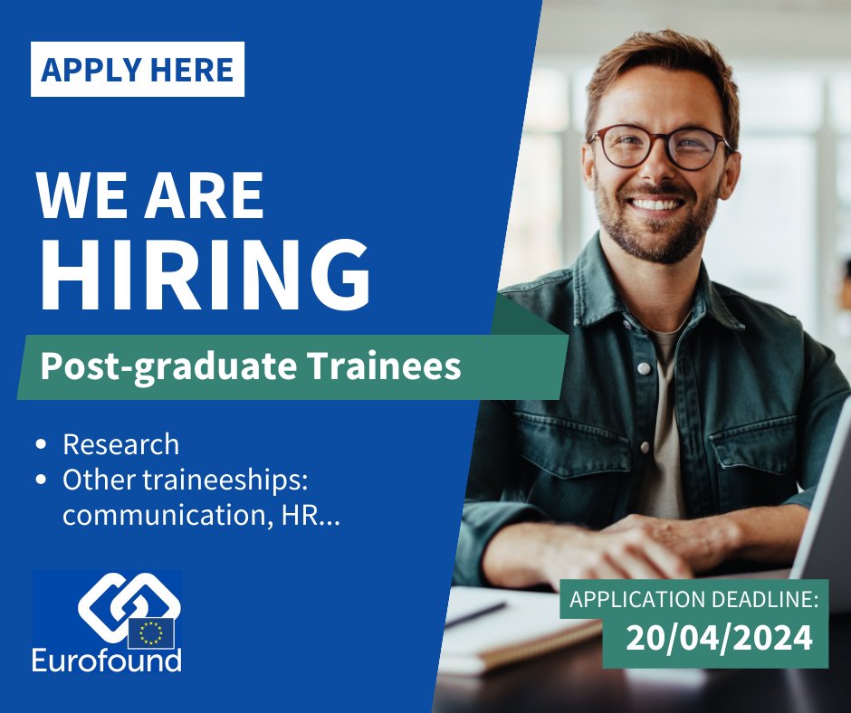 📢 Have you seen our call for the Post-graduate Traineeship Programme at Eurofound? If you are an 🇪🇺 citizen and fluent in English and at least one other EU language, consider joining us. 👉 For more details and to apply: ow.ly/HcRR50R8wJc #hiring